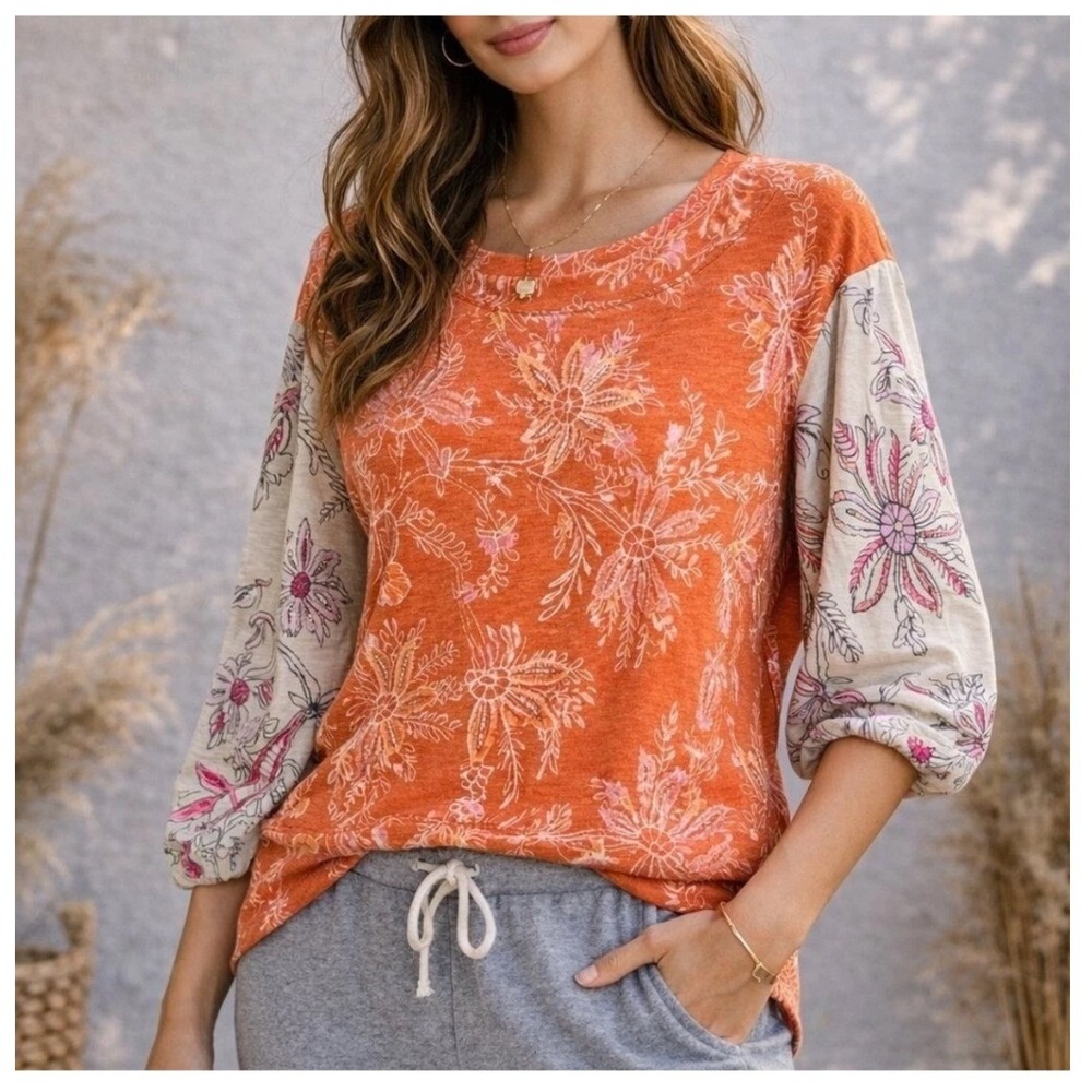 Daily Practice Anthropologie Top Shirt Small Orange Floral Balloon Sleeve Boho